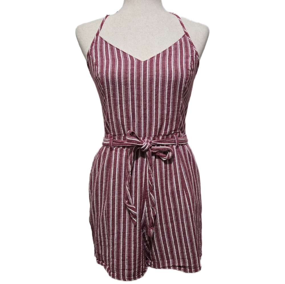 ​Hollister Striped Halter Romper Medium Red White Cotton Linen Blend Pockets